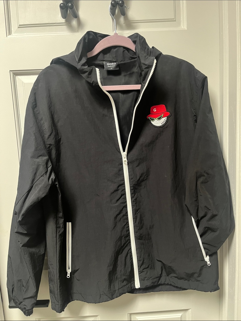 Unisex Golf Black Hooded Jacket with Red Patch